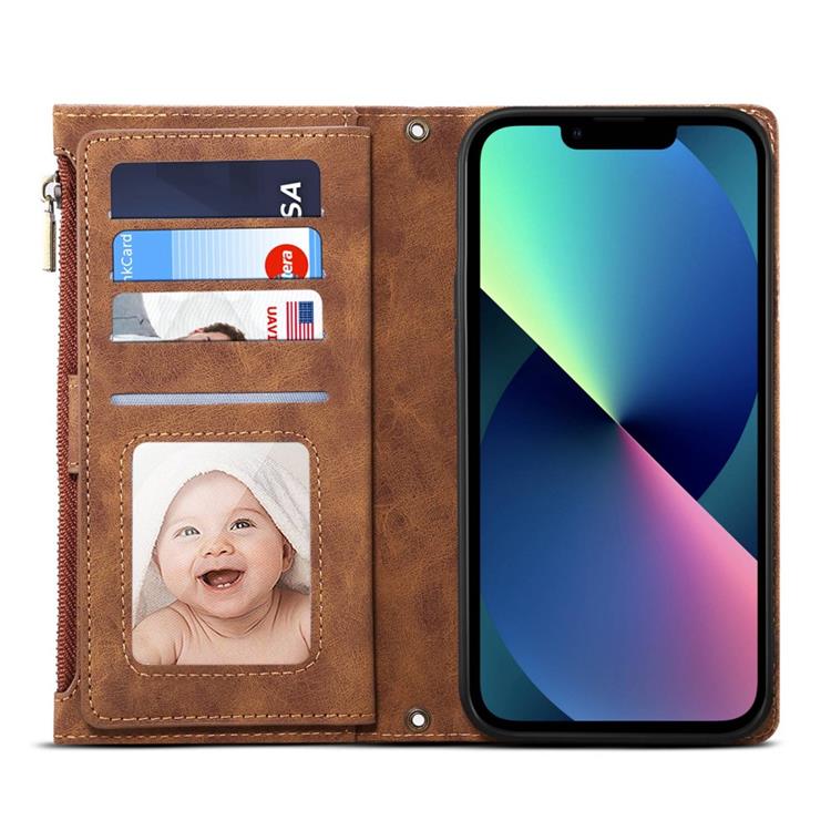 OEM iPhone 14 Plånboksfodral Flap Zipper Strap - Brun