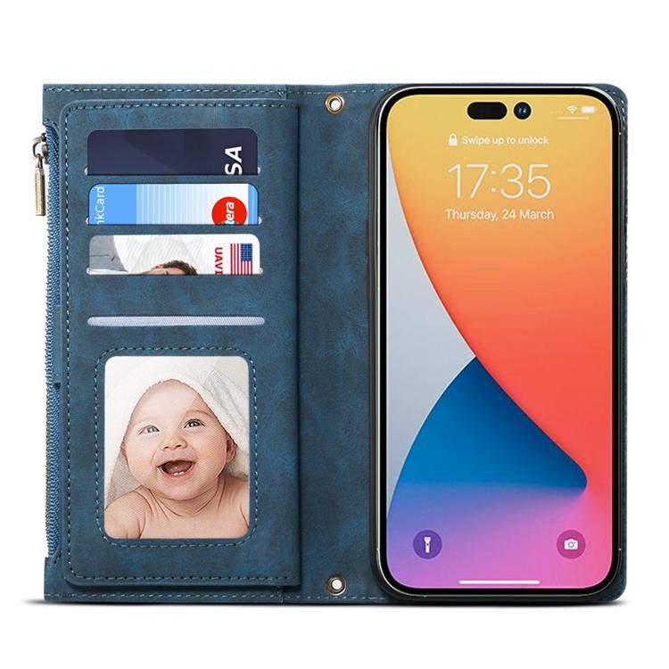 OEM iPhone 14 Pro Max Plånboksfodral Flap Zipper Strap - Blå