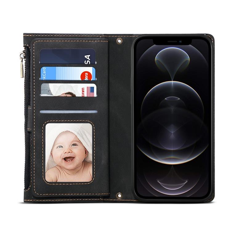 OEM iPhone 14 Pro Plånboksfodral Flap Zipper Strap - Svart