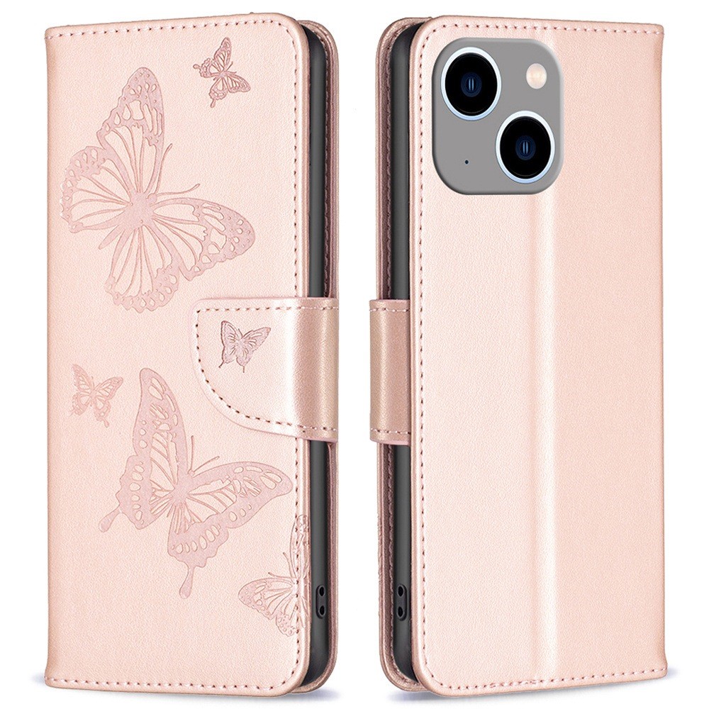 OEM iPhone 14 Plus Plånboksfodral Butterfly Imprinted - Rosa Guld