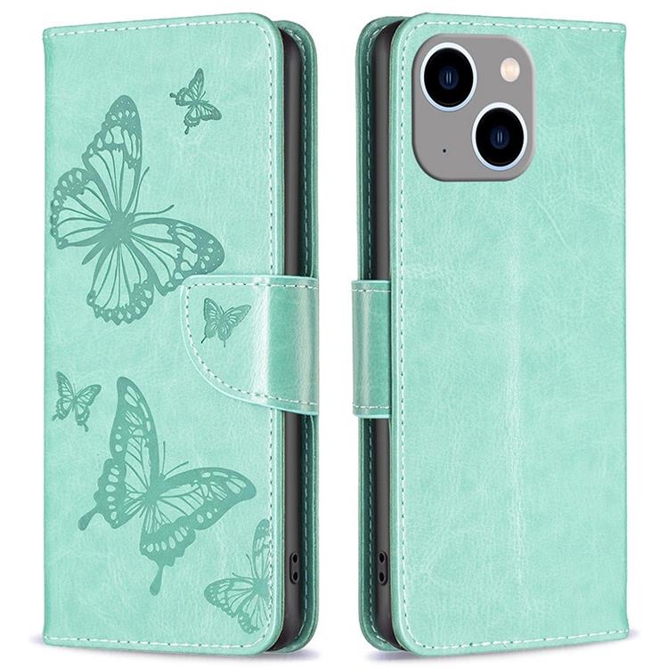 OEM iPhone 14 Plus Plånboksfodral Butterfly Imprinted - Turkos