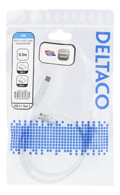 UTGATT1 Deltaco USB-C till USB-C-kabel, 0.5m - Vit