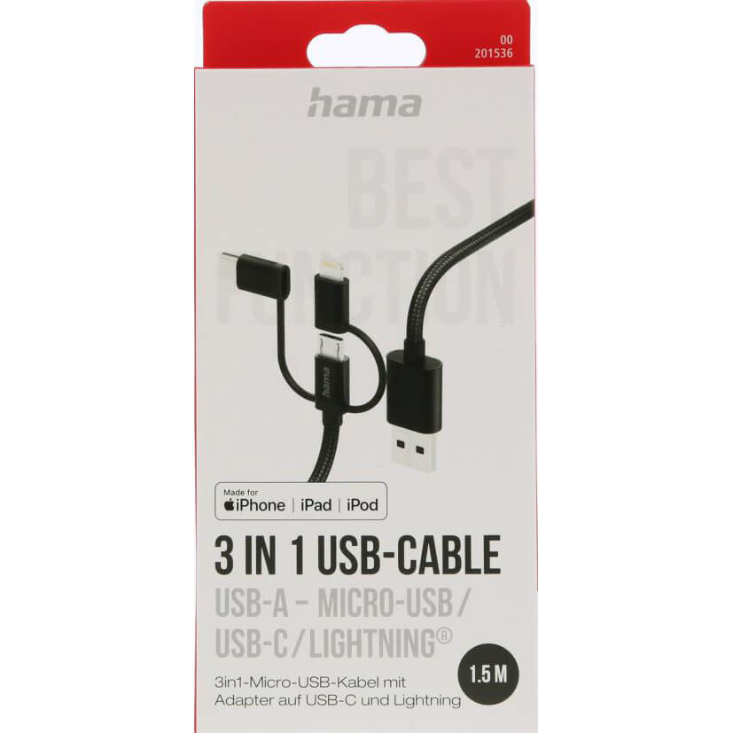 Hama HAMA 3in1 USB-A till USB-C/Micro-USB/Lightning Kabel 1.5m - Svart