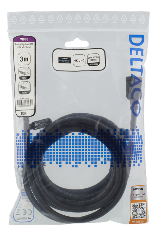 UTGATT1 DELTACO Premium High Speed HDMI kabel, 3m - Svart