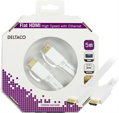 UTGATT1 DELTACO platt HDMI kabel 5m - Vit