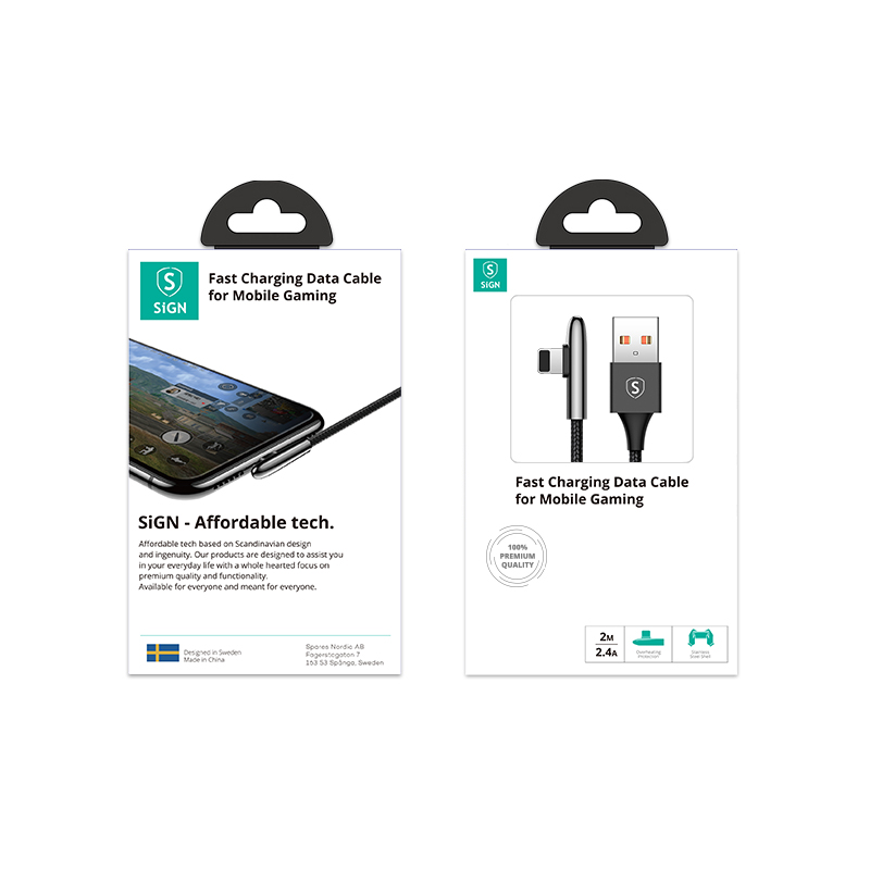 SiGN SiGN USB-A till Lightning kabel Gaming kabel 2m 2.4A - Svart