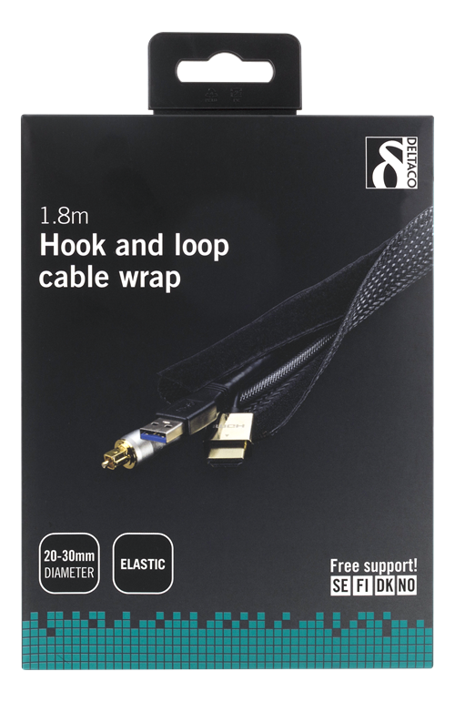 UTGATT1 DELTACO kabelsorteringsstrumpa i nylon, kardborrband, 1.8m - Svart