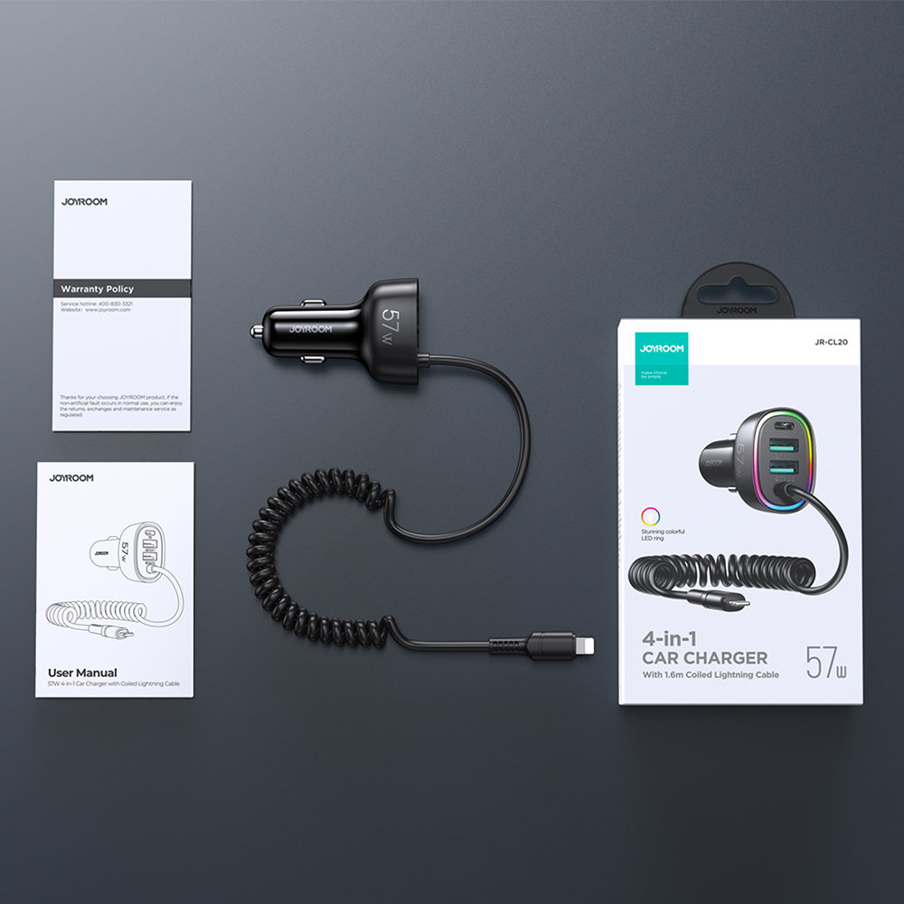 Joyroom Joyroom 4 i 1 Billaddare med Lightning Kabel 1.6m - Svart