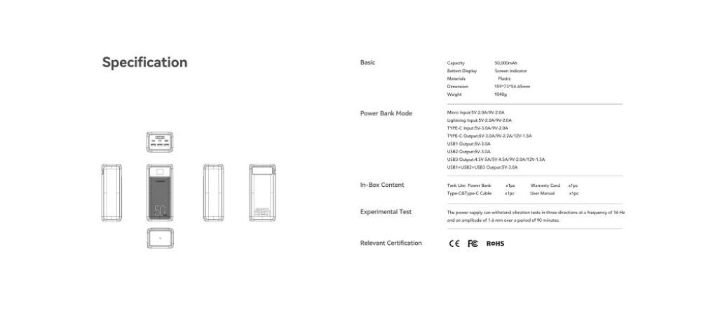 Veger Veger Powerbank 50.000mah Tank Lite Snabbladdning - Svart