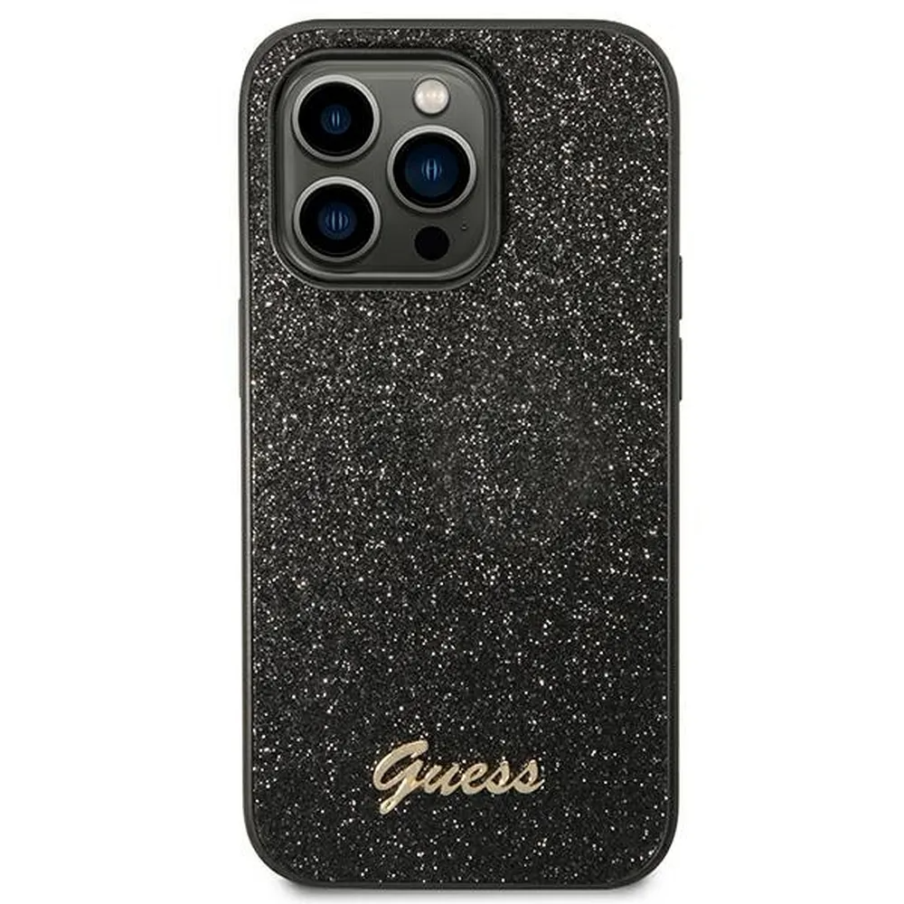 UTGATT1 GUESS iPhone 14 Pro Skal Glitter Flakes Script Metal Logo
