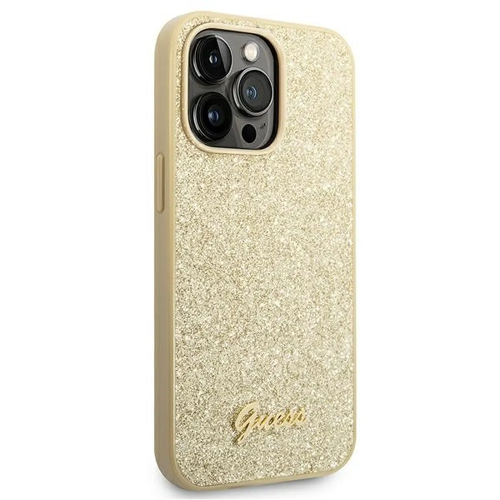 Guess GUESS iPhone 14 Pro Skal Glitter Flakes Script Metal Logo - Guld