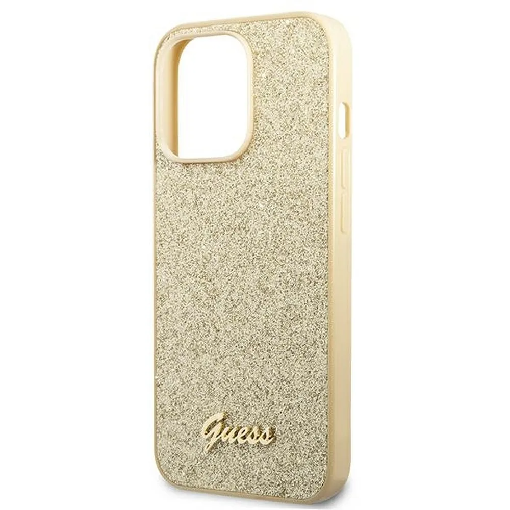 Guess GUESS iPhone 14 Pro Skal Glitter Flakes Script Metal Logo - Guld