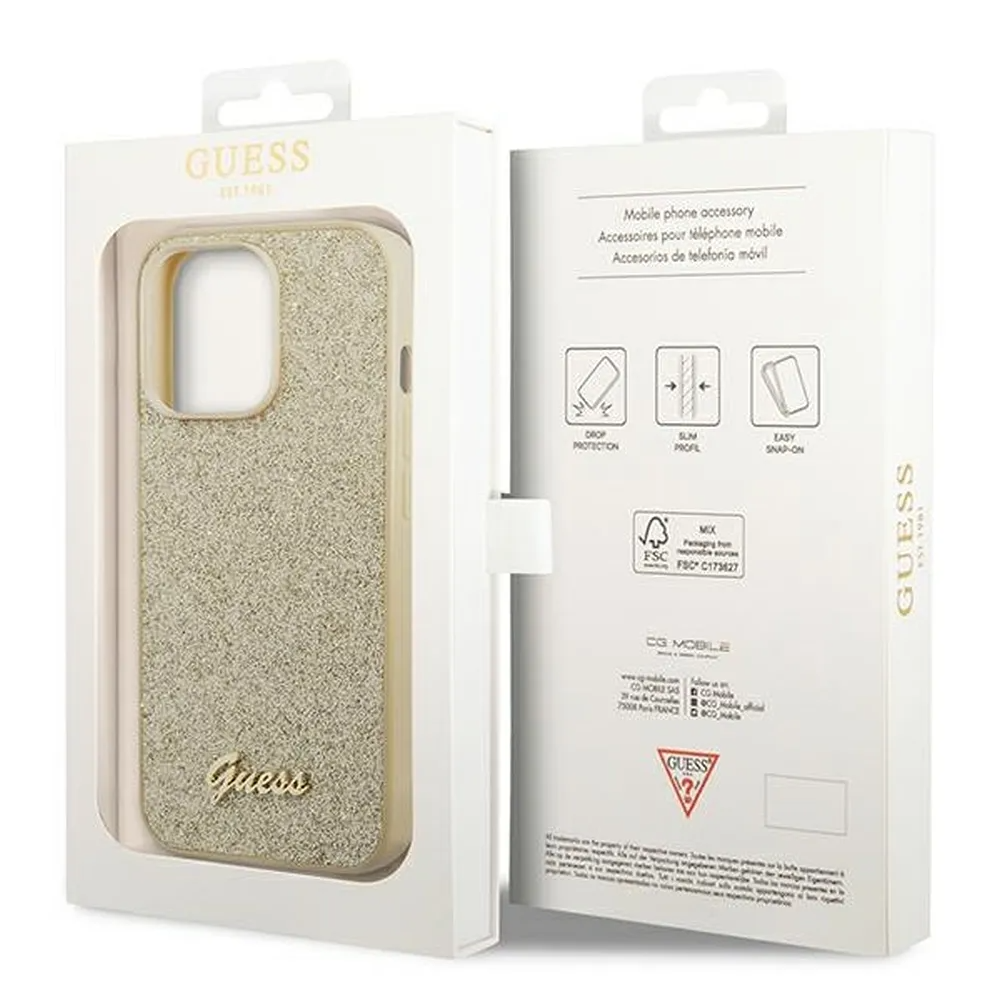Guess GUESS iPhone 14 Pro Skal Glitter Flakes Script Metal Logo - Guld