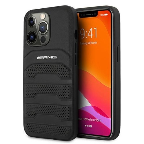 AMG AMG Äkta Läder Debossed Lines Skal iPhone 13 Pro Max - Svart