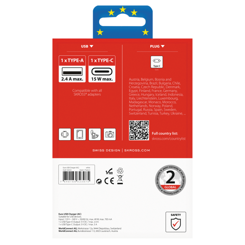 UTGATT1 SKross Euro USB - 1xUSB Type C/1xUSB Type A Laddare
