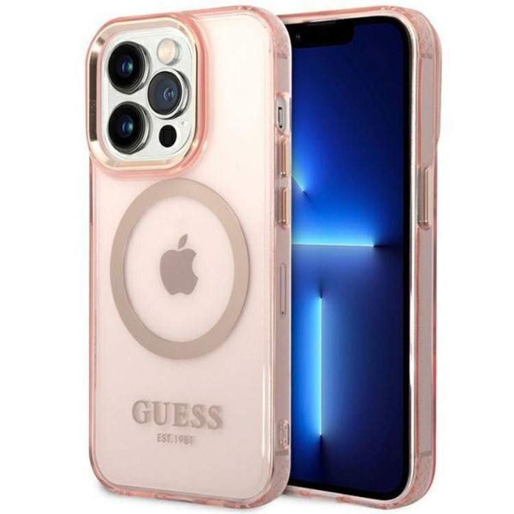 Guess Guess Mobilskal till iPhone 14 Pro Max MagSafe Gold Outline - Rosa