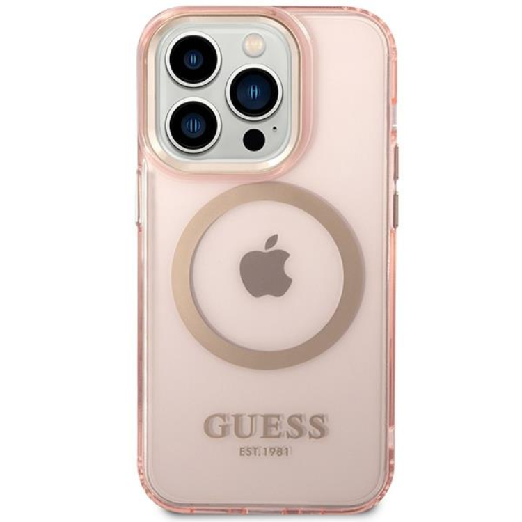 Guess Guess Mobilskal till iPhone 14 Pro Max MagSafe Gold Outline - Rosa