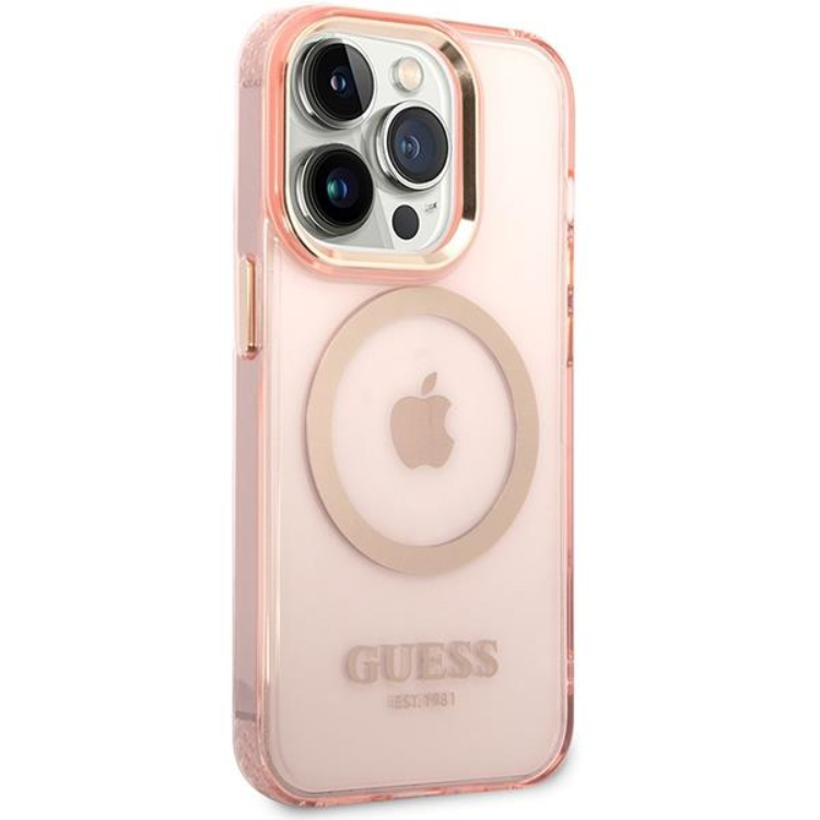 Guess Guess Mobilskal till iPhone 14 Pro Max MagSafe Gold Outline - Rosa