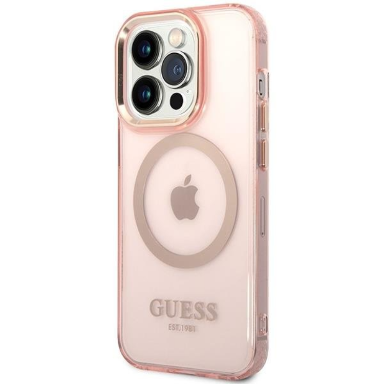 Guess Guess Mobilskal till iPhone 14 Pro Max MagSafe Gold Outline - Rosa
