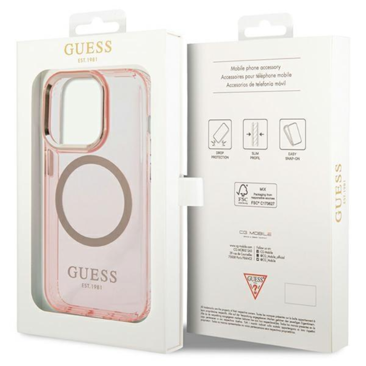 Guess Guess Mobilskal till iPhone 14 Pro Max MagSafe Gold Outline - Rosa
