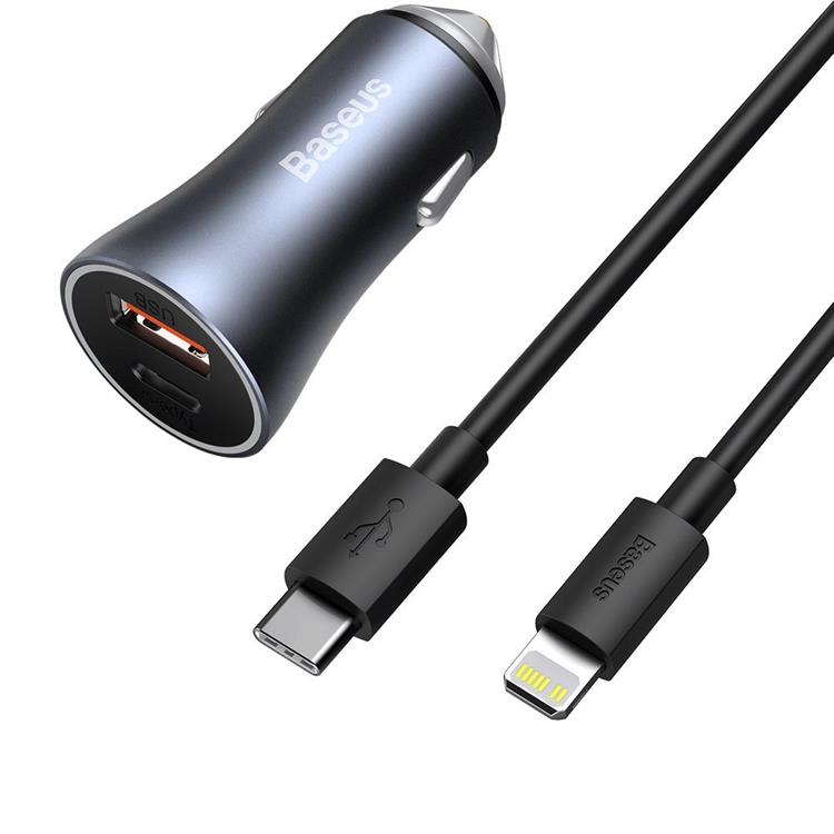 BASEUS Baseus Golden Billaddare USB Till USB-C 40 W Lightning Kabel - Grå