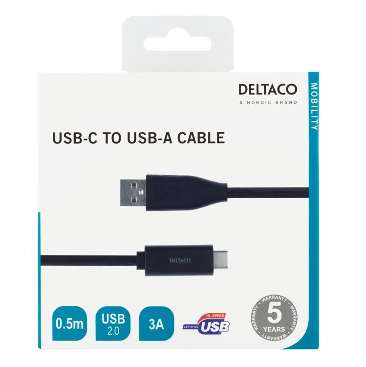 UTGATT1 Deltaco USB-A till USB-C Kabel 0.5m 3A - Svart