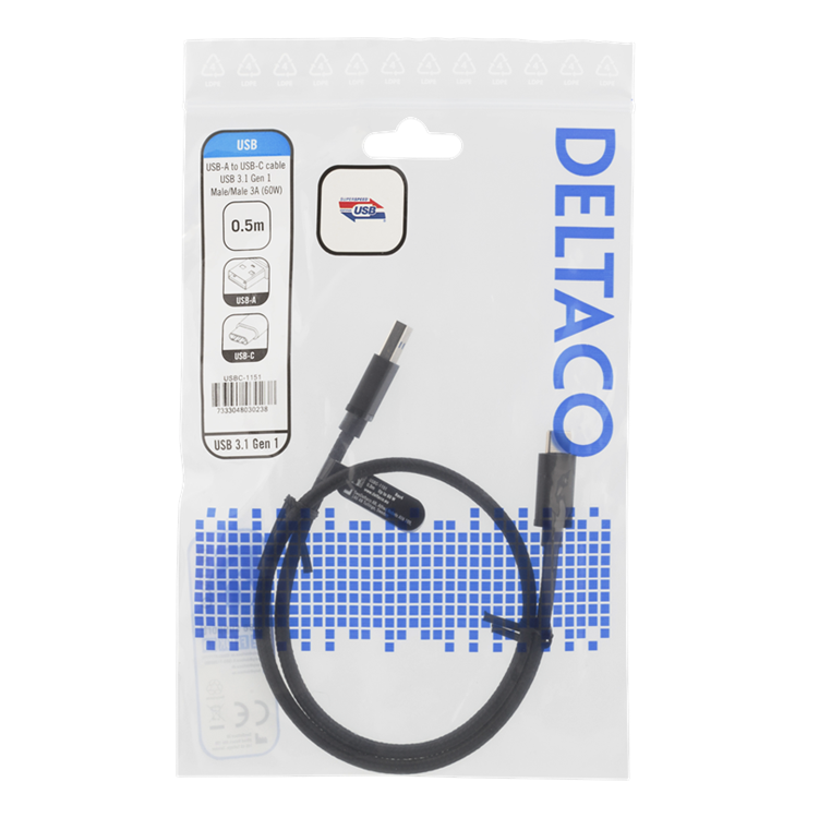 UTGATT1 Deltaco USB-A till USB-C Kabel 0.5m 60W - Svart