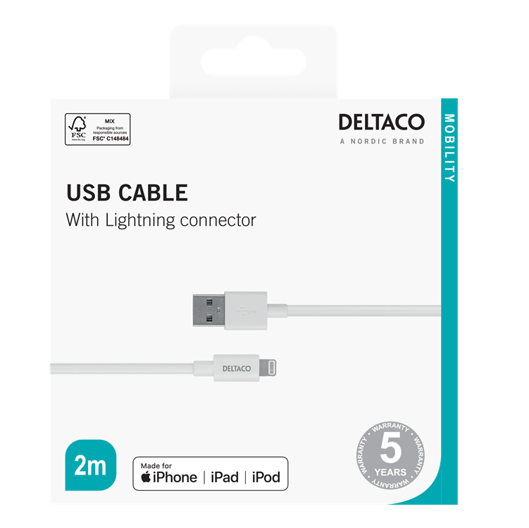 UTGATT1 Deltaco USB-A Till Lightning Kabel 2m - Vit