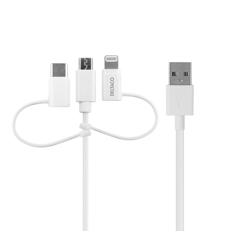 UTGATT1 Deltaco 3in1 microUSB Typ-C Lightning Kabel 1 m - Vit