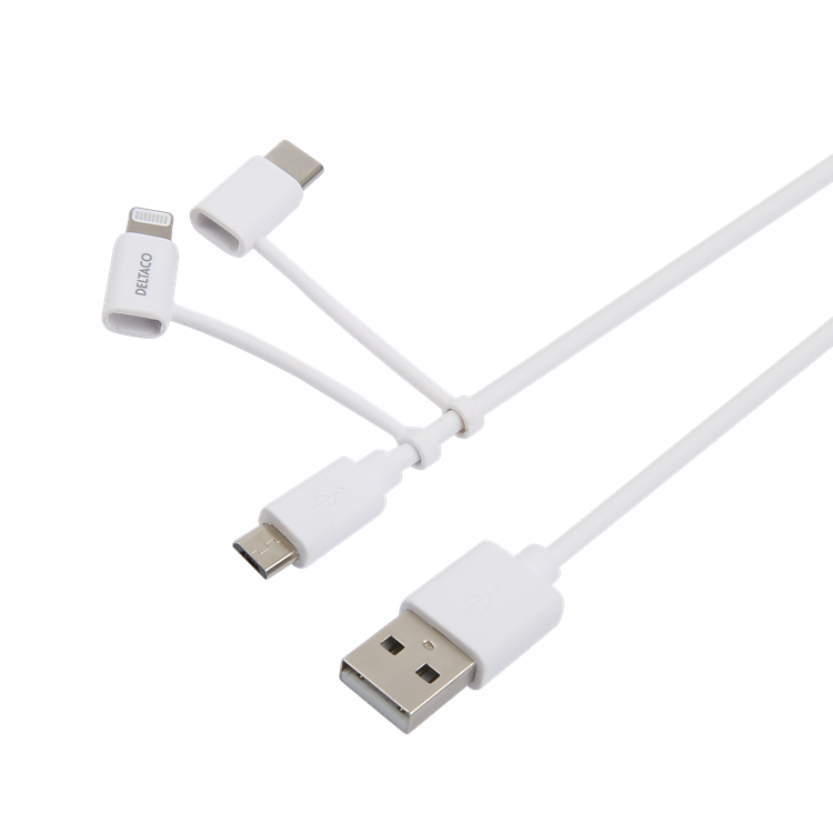 UTGATT1 Deltaco 3in1 microUSB Typ-C Lightning Kabel 1 m - Vit