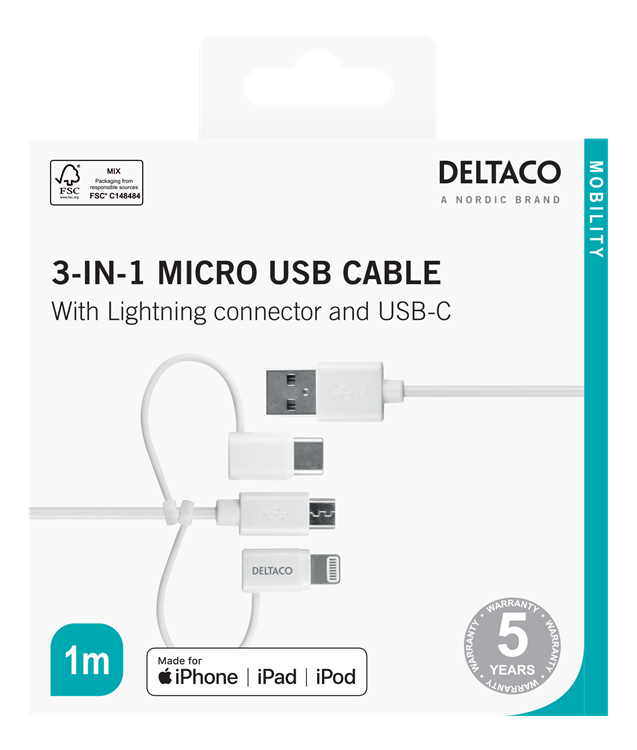 UTGATT1 Deltaco 3in1 microUSB Typ-C Lightning Kabel 1 m - Vit