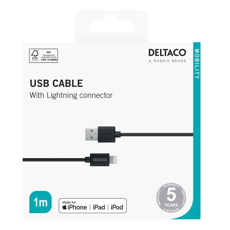 UTGATT1 Deltaco USB-A Till Lightning Kabel 1m - Svart