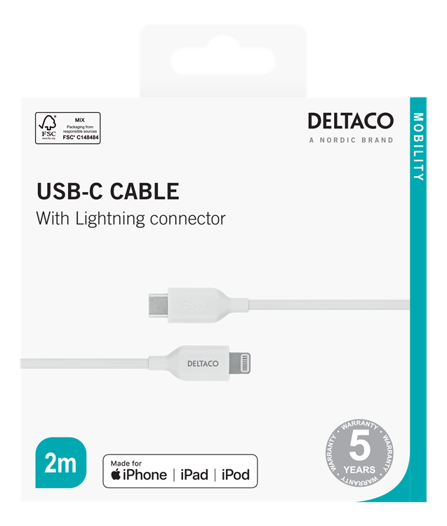 UTGATT1 Deltaco USB-C Till Lightning Kabel 2m - Vit