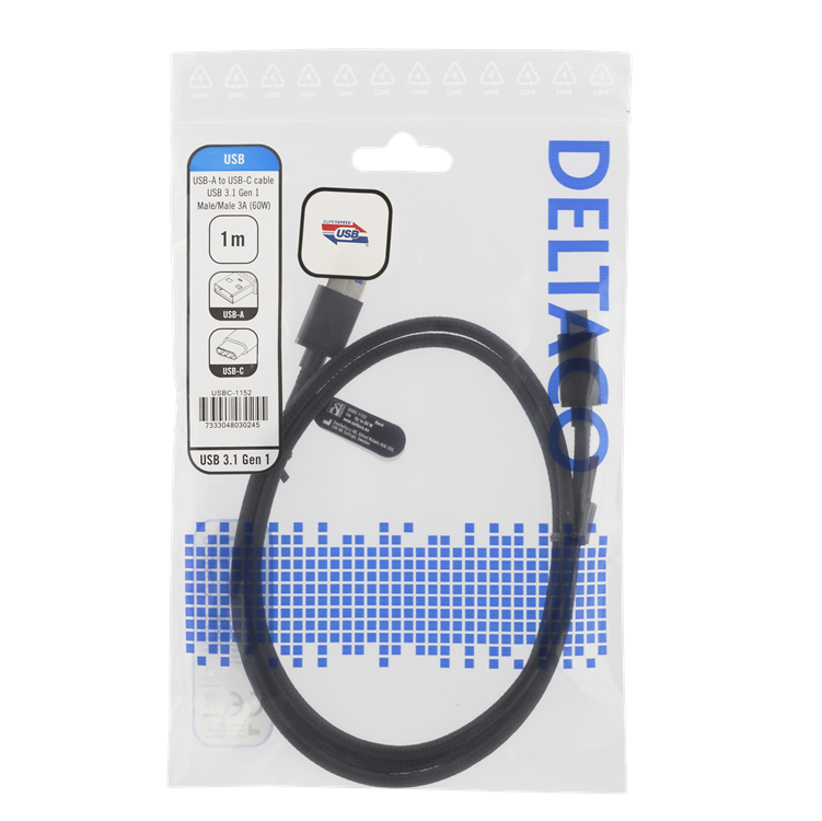 UTGATT1 Deltaco Gen1 USB-A till USB-C 3A 60W Kabel 1m - Svart