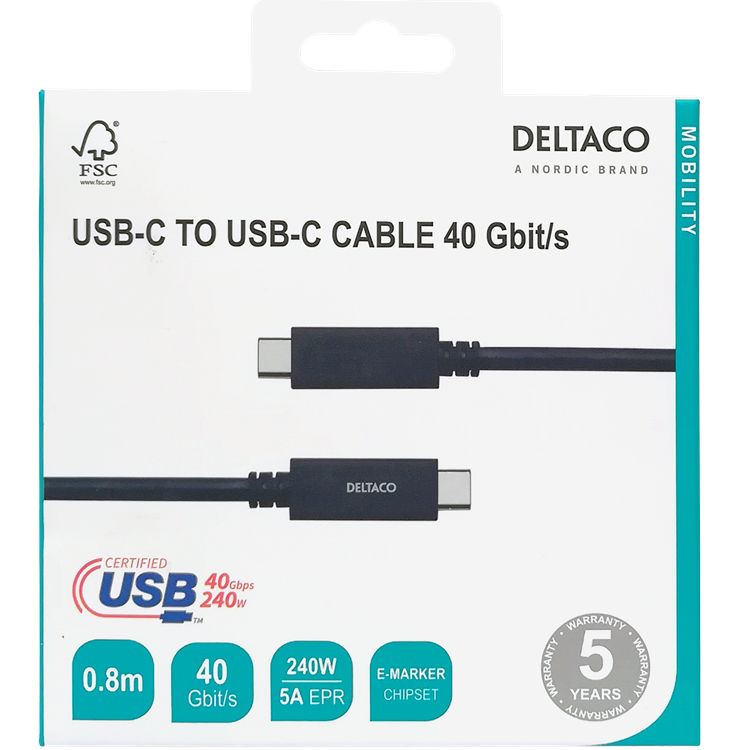 UTGATT1 Deltaco Gen3 USB-C till USB-C 5A Kabel 0.8m 240W - Svart