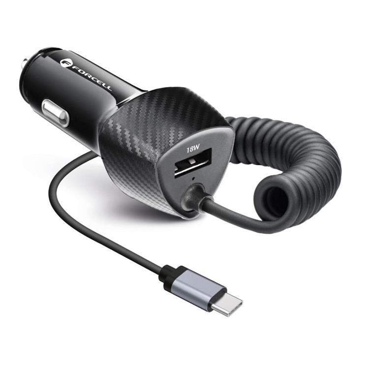 Forcell Forcell Billaddare USB 18W Till Typ-C Kabel 20W - Svart