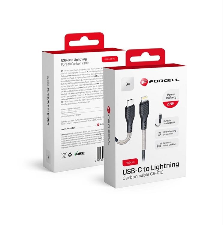 Forcell Forcell Carbon USB-C till Lightning kabel 27W 1m - Svart