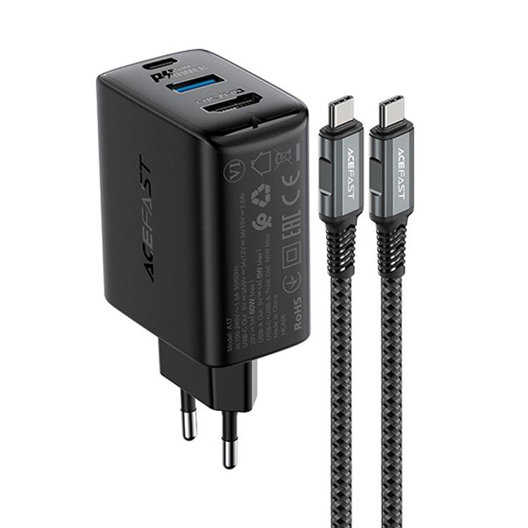 Acefast Acefast 2in1 Väggladdare 65W USB-A till USB-C till HDMI till USB-C Kabel - Svart