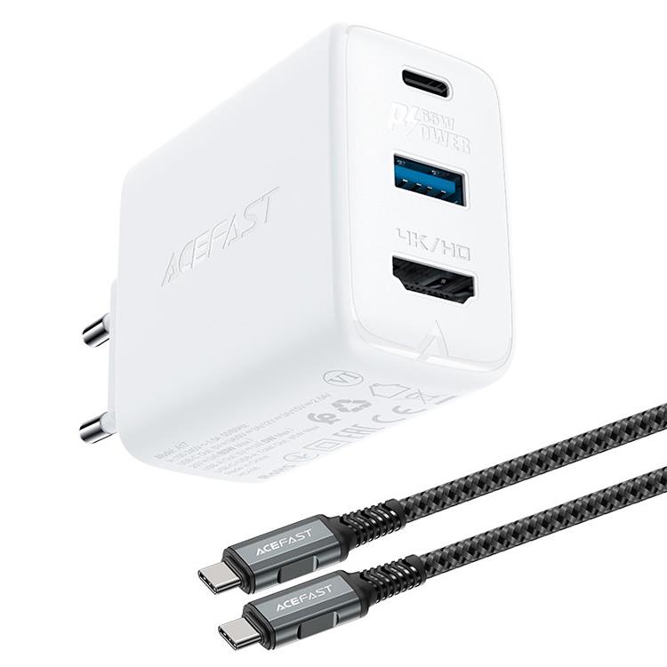 Acefast Acefast 2in1 Väggladdare 65W USB-A till USB-C/HDMI Kabel - Vit