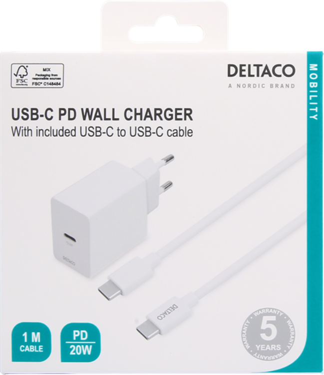 UTGATT1 Deltaco PD Väggladdare USB-C till USB-C Kabel 20W 1m - Vit