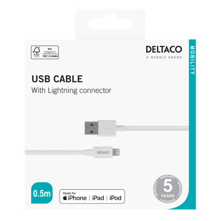 UTGATT1 Deltaco MFI USB Till Lightning Kabel 0.5 m - Vit