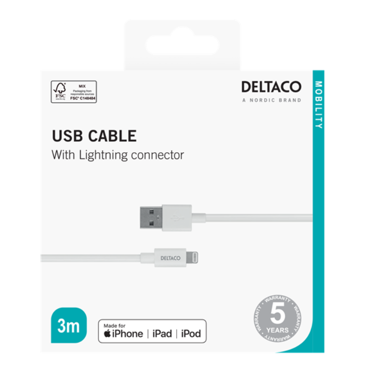 UTGATT1 Deltaco MFI USB Till Lightning Kabel 3m - Vit