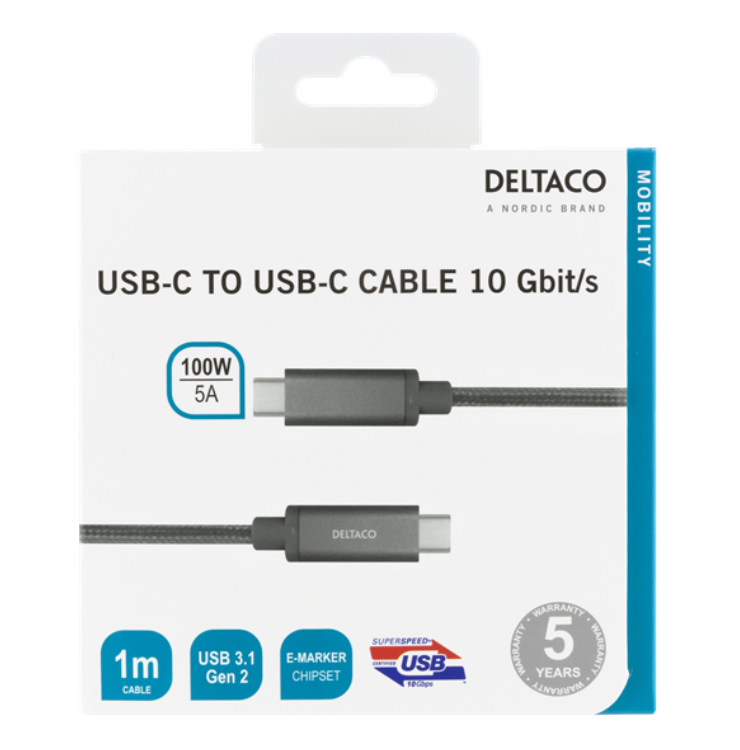UTGATT1 Deltaco Super USB-C till USB-C Kabel 100W 1m - Rymd Grå