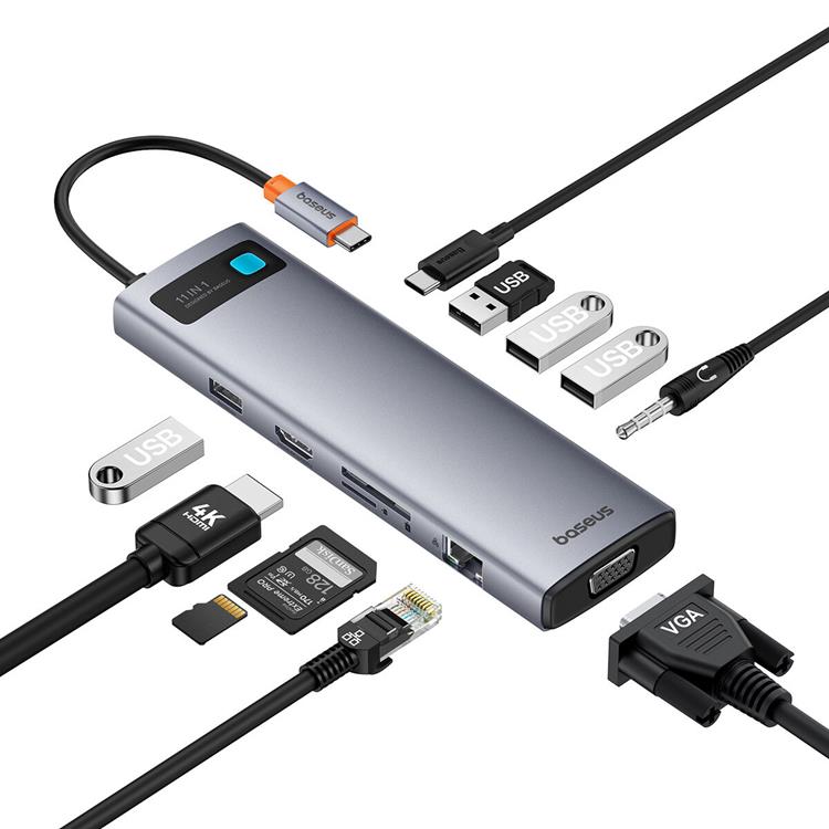 BASEUS Baseus 11in1 HUB USB-C Till USB-C / 3x USB-A 3.0 - Grå