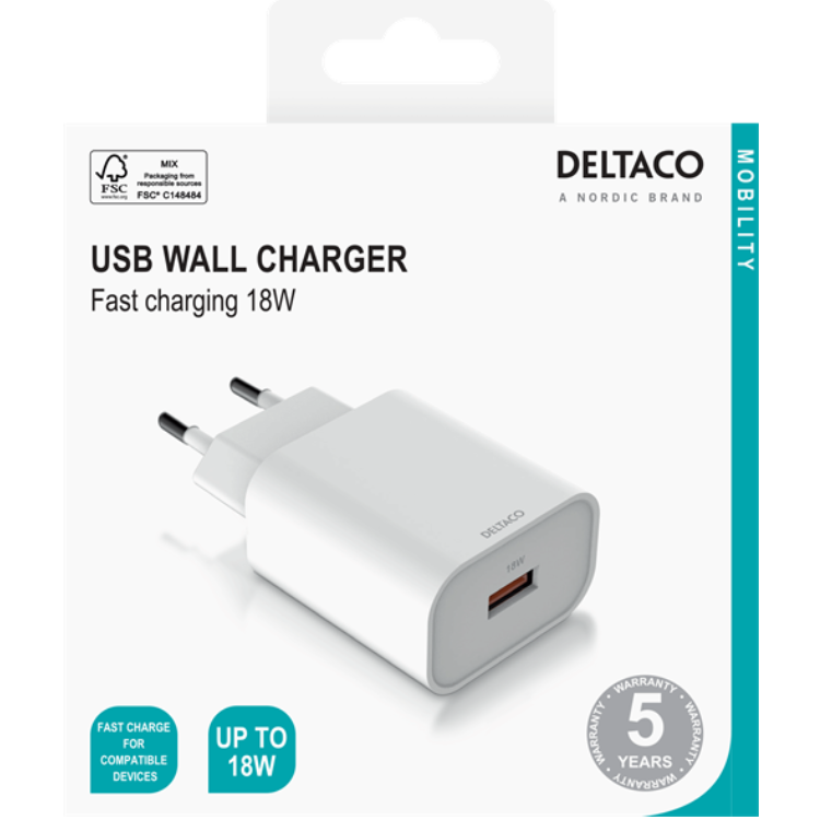 UTGATT1 Deltaco Väggladdare 1x USB-A 18W - Vit