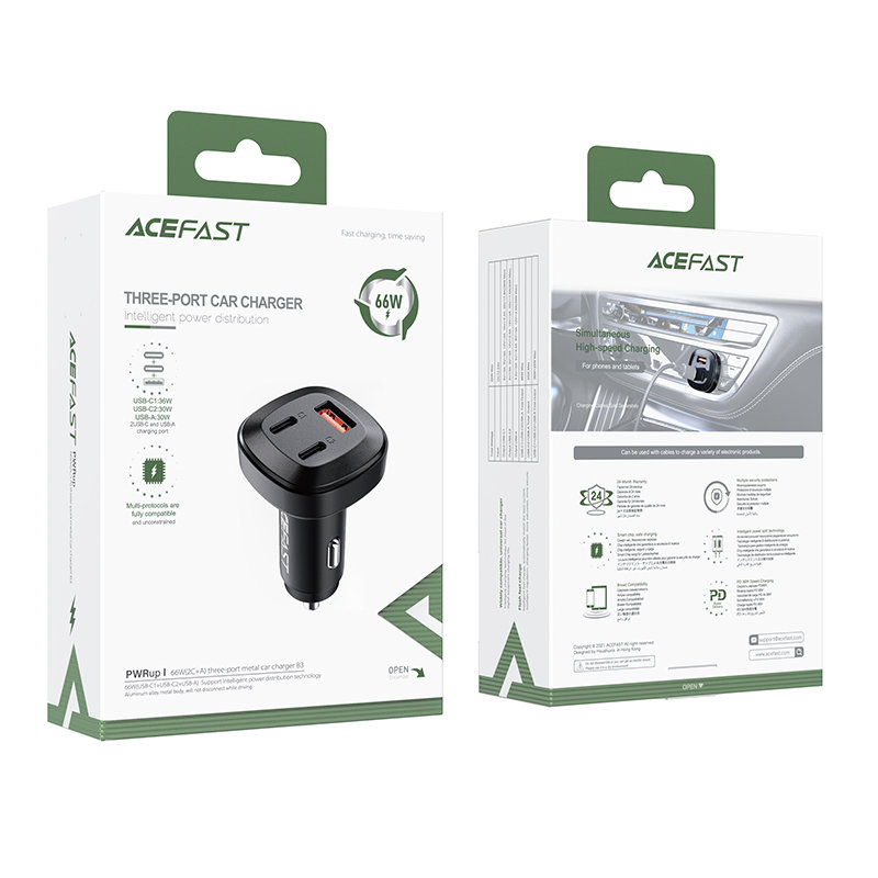 Acefast Acefast Billaddare 66W 2x USB-C Till USB - Svart
