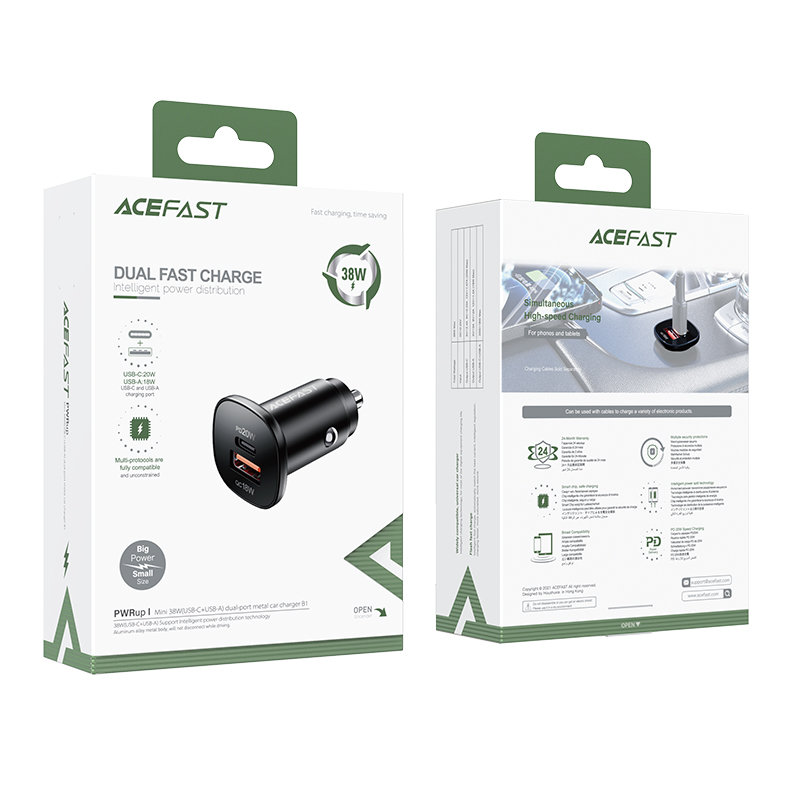 Acefast Acefast Billaddare 38W USB-C Till USB - Svart