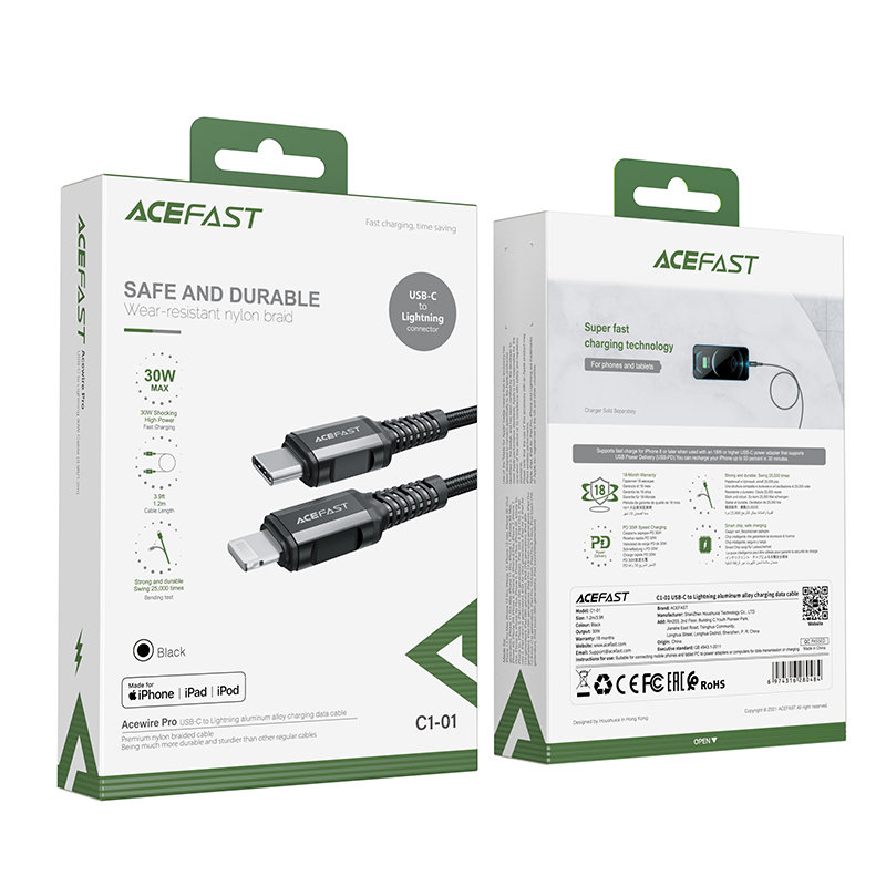 Acefast Acefast MFI USB-C till Lightning kabel 30W 1.2m - Svart