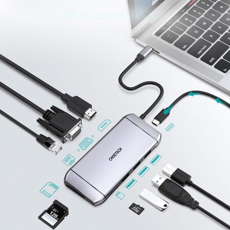 Choetech Choetech 9in1 Multifunktionell HUB 3 x USB Till USB-C - Grå