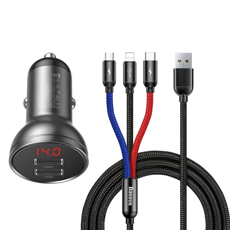 BASEUS Baseus Billaddare 24W 3in1 microUSB-C Lightning Kabel 1.2m - Svart